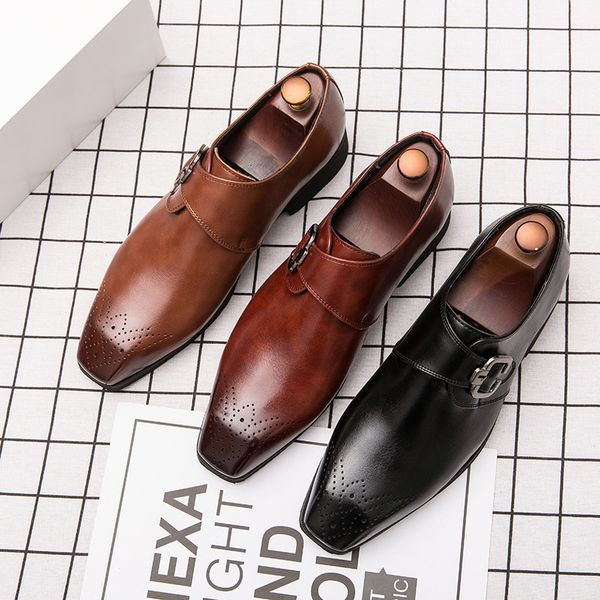 

dress shoes men fashion trend business banquet solid color pu classic metal buckle british style comfortable monk 3kc385 mrvr, Black
