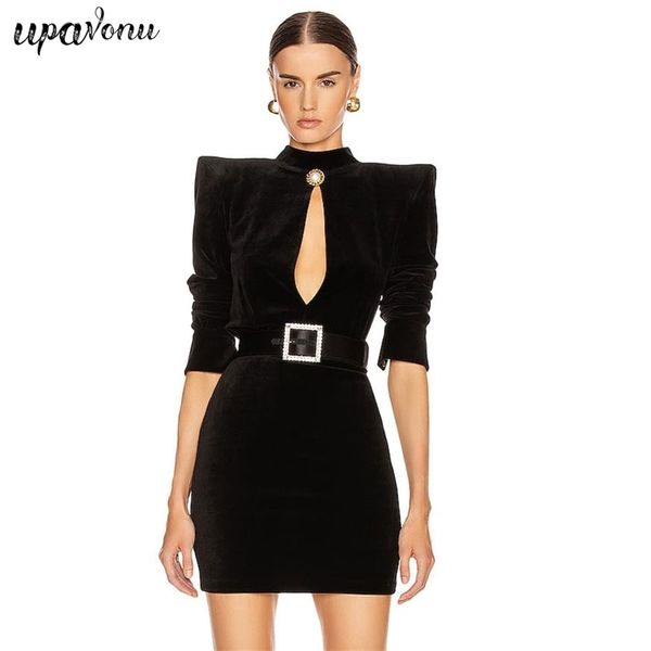 

chic women's velvet dress stand collar long sleeve belt bodycon hollow mini club party es 210524, Black;gray