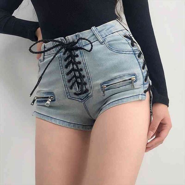 

lace up denim skinny women shorts with sides and front, White;black