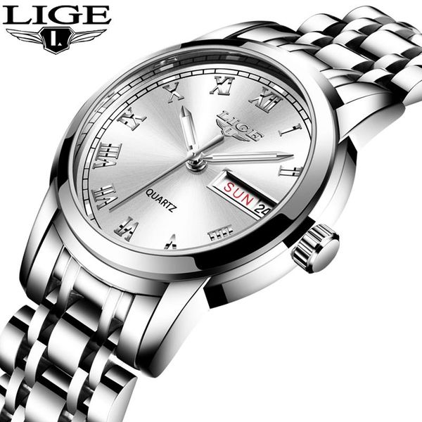 

wristwatches lige lady fashion watch women quartz women's watches date week stainless steel female dress clock xfcs relogio feminino, Slivery;brown