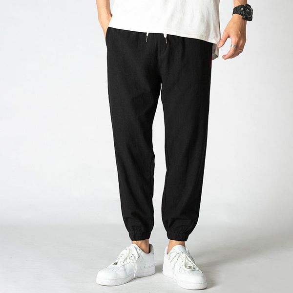 

men's pants cotton linen casual sports joggers sweatpants sportswear grey nine point tracksuit straight men trousers streetwear, Black