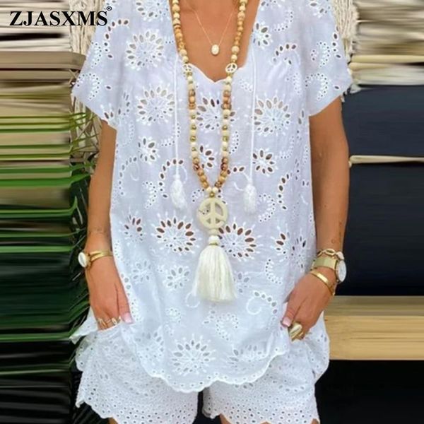 

women's tracksuits 2021 spring summer hollow out mesh sets women v neck blouse pullover and pocket shorts suit fashion solid two piece, Gray