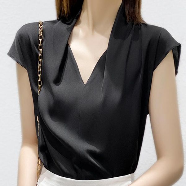 

women's blouses & shirts summer women blouse short sleeve v-neck office chiffon shirt blusas mujer de moda 2021 e368, White