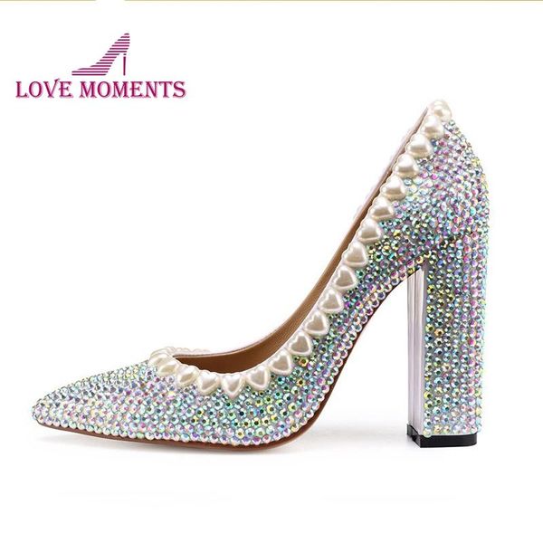 

pointed toe women pumps 2021 handmade shinning crystal ab wedding dress shoes rhinestone 10cm chunky heel bride, Black