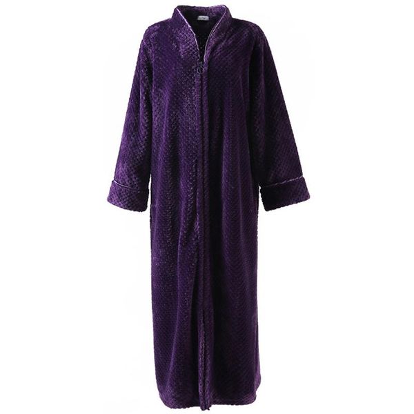 

women's sleepwear flannel robe zipper front robes full length fleece warm fluffy long bathrobe plush night dressing for womens, Black;red