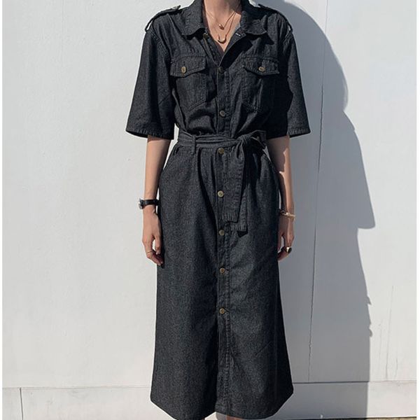 

women denim bandage single breasted dress turn-down collar half sleeve safari style fashion spring summer 16f0711 210510, Black;gray