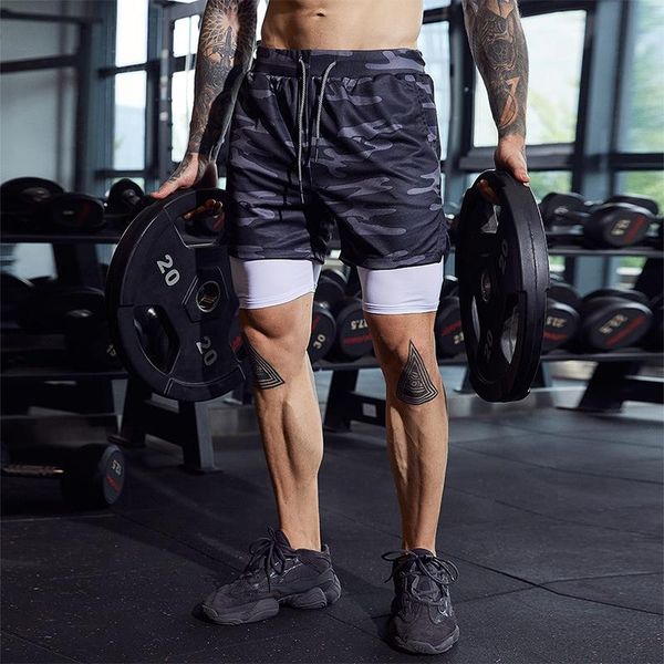 

running shorts 2021 camo mens casual 2 in 1 double-deck gym sport fitness jogger workout male sports short pants slim fit, Black;blue