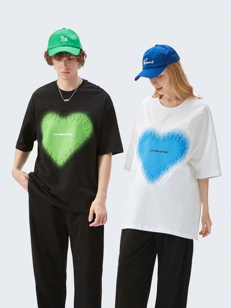 

men heart & letter graphic drop shoulder tee b32p#, White;black