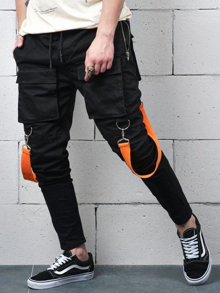 

men flap pocket tape detail drawstring waist pants s2ml#, Black