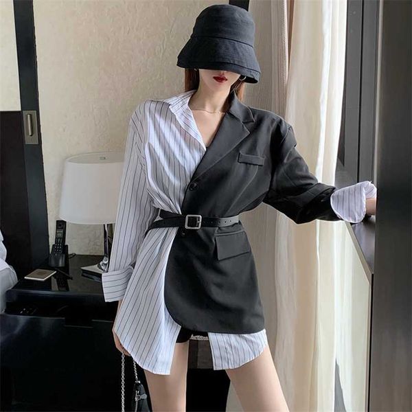 

[ewq] striped stitching black blazer long-sleeved coats ladies suit large size trend coat feminino autumn 16w489 211019, White;black