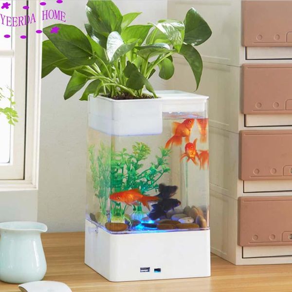 

aquariums multicolour fish tank with led light + usb mini small acrylic plastic aquarium office desk transparent bowl originality