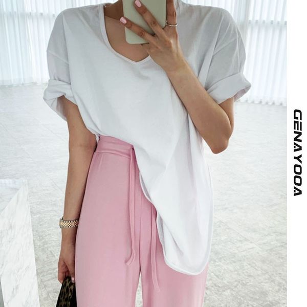 

genayooa v-neck cotton korean women's t-shirt short sleeve irregular tshirt ladies harajuku tee shirt femme summer 210417, White