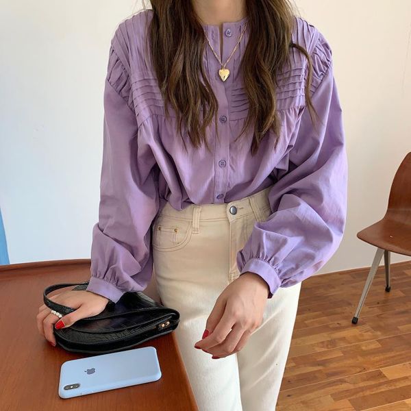 

dress vintage sweet women blouses autumn korean style sleeve single-breasted loose shirt femme blusas, White
