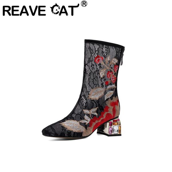 

2021 women bling rhinestone boots pointed toe ethnic embroidered floral cut zip buckle lace breathable party a4044, Black