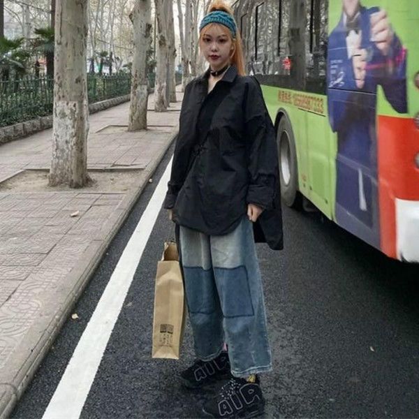 

spring autumn korean fashion women's clothing splicing high waist jeans women straight wide leg pants with belt y181, Blue