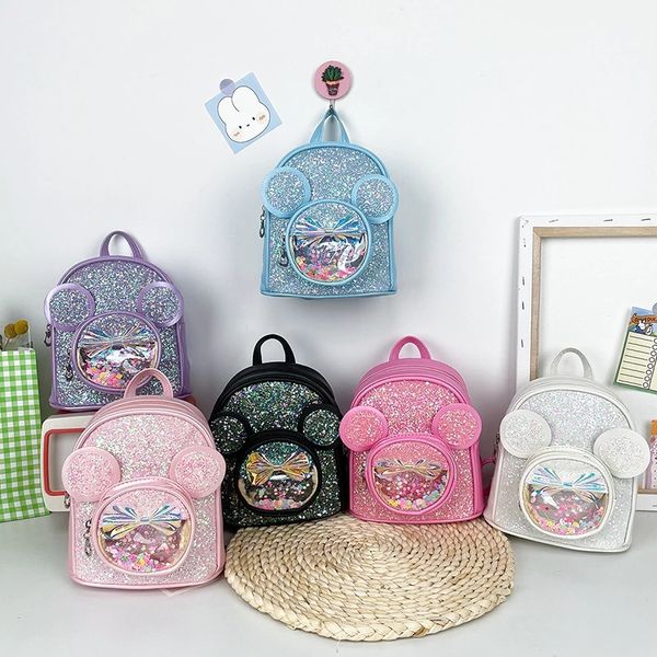 Sevimli çocuk Deri Okul Çantaları Parlak Sequins Sırt Çantası Çocuklar için Okul Sırt Çantası Bebek Kız Yay Schoolbag Sırt Çantaları