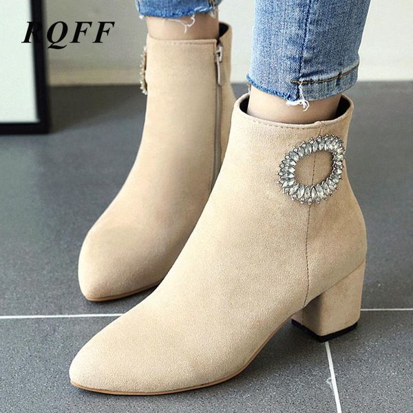 

boots black winter ankle women plus big size fashion high heel shoes woman pointed toe ring rhinestone yellow beige 12