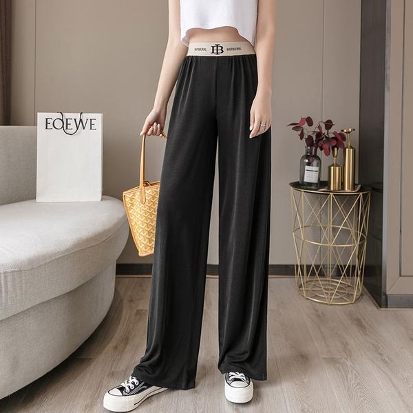 

women's trousers summer high waist wide leg pants korean style loose elastic band ladies & capris, Black;white