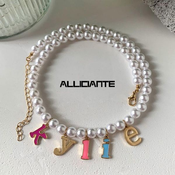 

chains ins colorful kylie letter simulation pearl beaded necklace for women freshwater enamel charm choker party jewelry, Silver