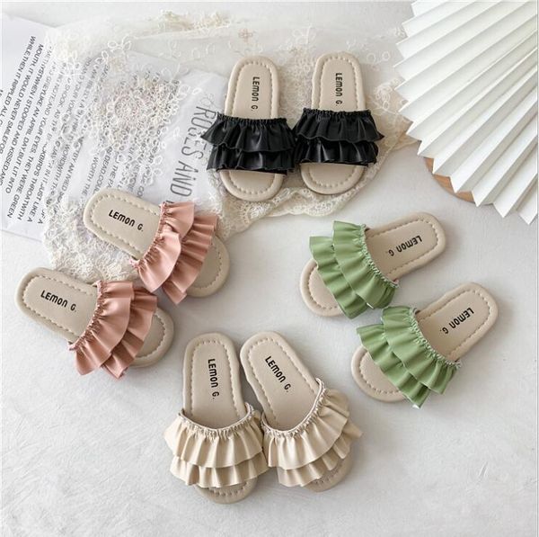 

slipper 2021 kids girls ruffles slides summer fashion beach shoes 21-30, Black;grey