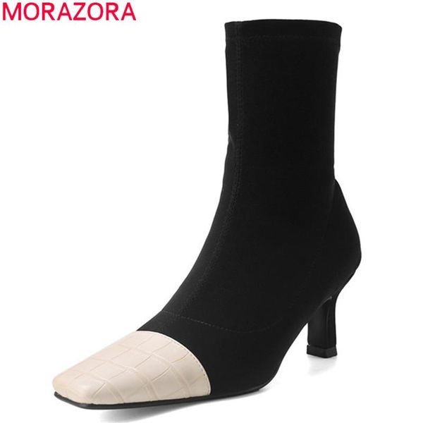 

boots morazora 2021 women fashion heels square toe ladies shoes autumn winter mixed colors ankle, Black