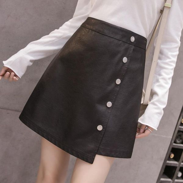 

skirts korean style irregular button women leather above-knee, Black