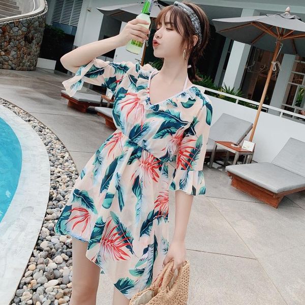 

pieces women's swimming suit printing ruffles sleeve beach cover up bra thong skirt flowers knot plus size swimsuit swimwear one-piece