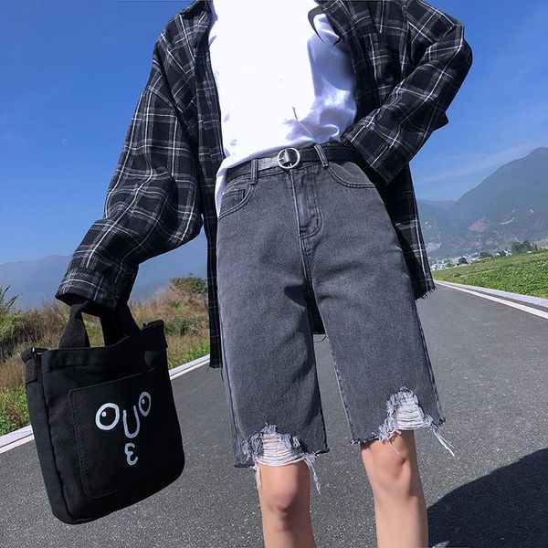 

retro mom denim pants summer women fashion ripped jeans shorts fringed frayed casual half 2021 boyfriend streetwear women's, Blue