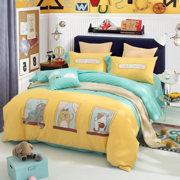 

bedding sets bedroom cotton set child cartoon cat bed linen bedclothes duvet cover flat sheet pillowcase /full/twin
