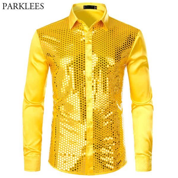 Camicia da uomo in seta liscia con paillettes scozzesi lucide, abito alla moda, glitterato, da ballo, manica lunga 210524