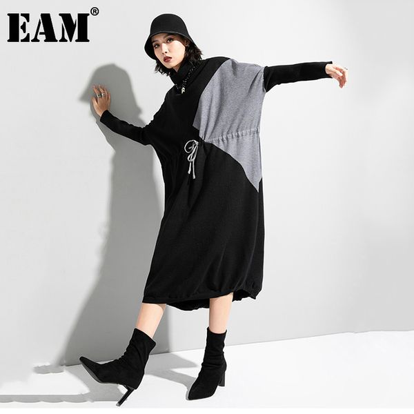 

[eam] women spliced drawstring knitting big size dress turtleneck long sleeve loose fit fashion autumn winter 1dd1333 21512, Black;gray
