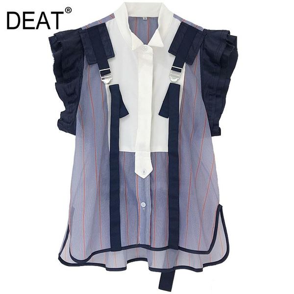 

women's blouses & shirts [deat] ruffled patchwork hit color women blouse lapel sleeveless loose fit shirt fashion tide spring autumn 20, White