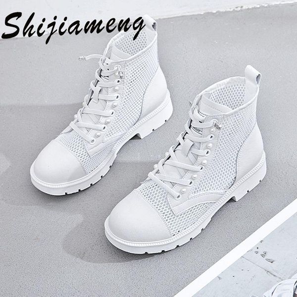 

summer breathable leather hollow mesh women's shoes round head high lace up sandals thick heel boots, Black