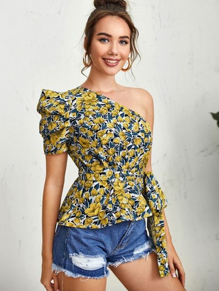 

one shoulder puff sleeve belted floral d0rx#, White