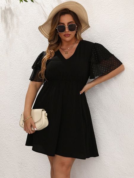 

plus polka dot layer sleeve dress 26ha#, Black
