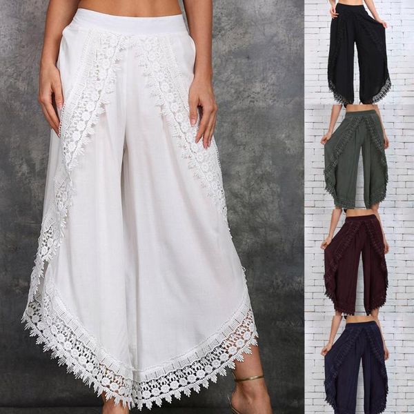 

women's pants & capris women casual unique lace patchwork elastic waist wide leg loose trousers, Black;white