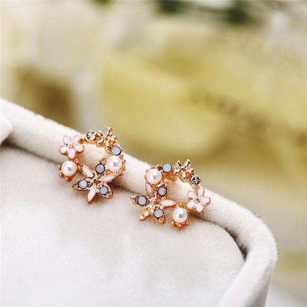 

stud 8seasons enamel flower earrings gold color butterfly imitation pearl multicolor rhinestone for korea sweet wedding gifts ,1 pair, Golden;silver
