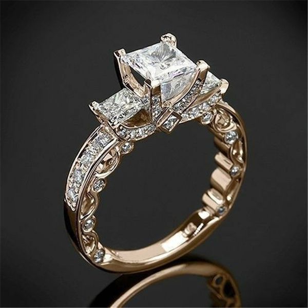 

14k princess real ring for women anillos mujer bizuteria gemstone femme diamond jewelry anel rose gold rings, Slivery;golden