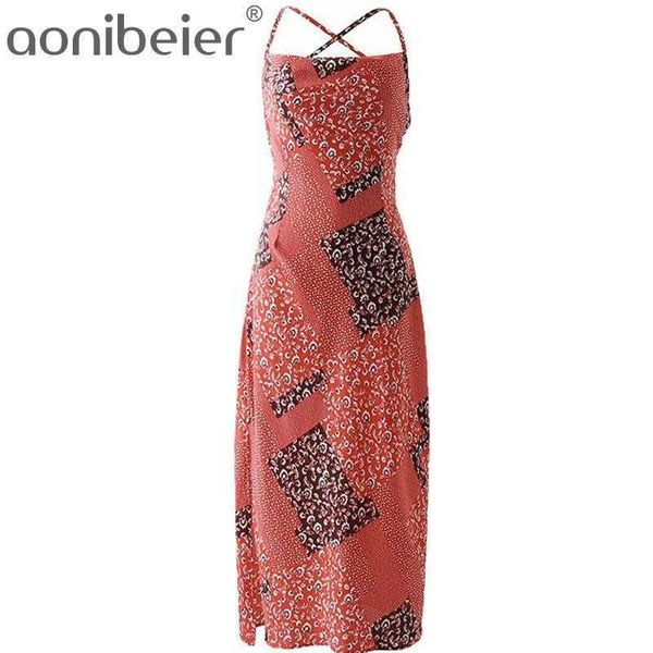 

printed summer sleeveless criss-cross back casual strappy dress red fashion high split women midi party female 210604, Black;gray