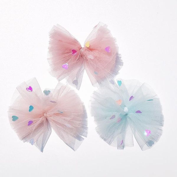 

1pc boutique fashion glitter tulle bow hairpins glossy color heart bowknot hair clips princess headwear girls accessories, Slivery;white