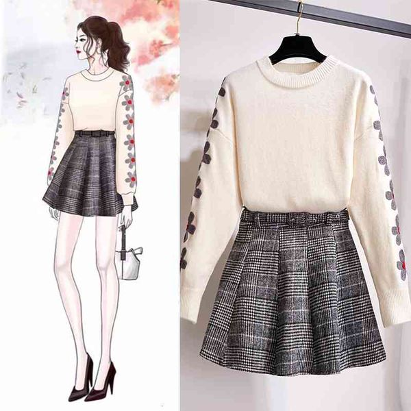 

two piece dress female ichoix yellow ensemble long sleeve neck knitted shirt + mini skirt pleasted student style girl two casual suit kit pi, White