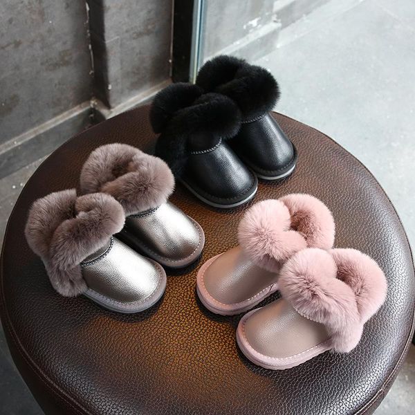 

boots fashion toddler baby shoes 2021 winter girls leather princess warm plush cotton kids non-slip for girl, Black;grey