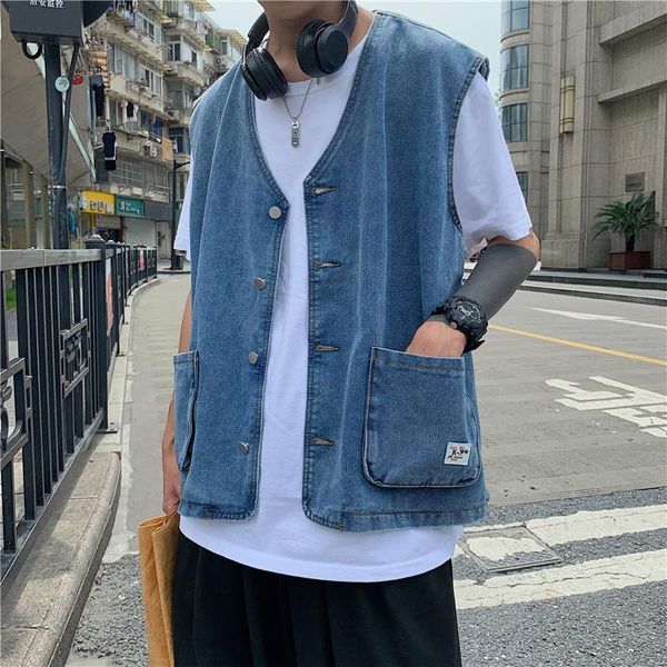 

men's vests #1517 blue summer korean streetwear casual loose denim men fashion sleeveless jacket vest button sweatshirt basic top, Black;white