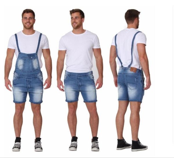 

2021 fashion men's suspender denim jumpsuit tears jeans and shorts, Blue