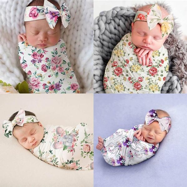 

blankets & swaddling h05c 2 pcs born baby receiving blanket headband set infant floral print swaddle wrap sleeping bag hair band kits