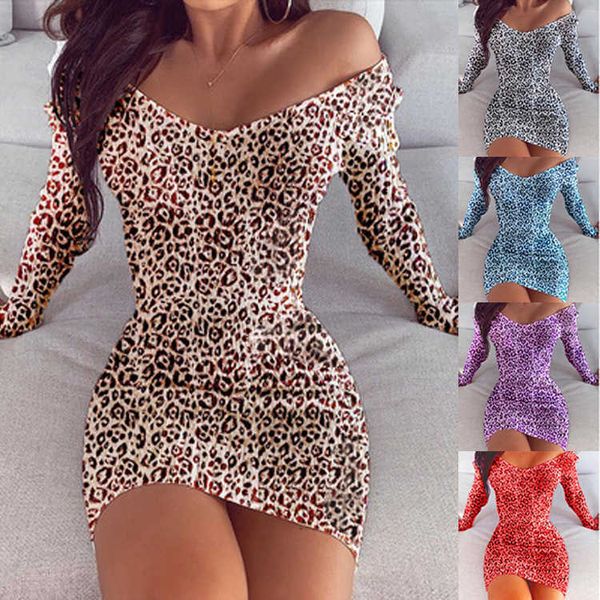 

women autumn v neck mini dress casual long sleeve leopard print lady pencil fashion female bodycon party club es 210526, Black;gray
