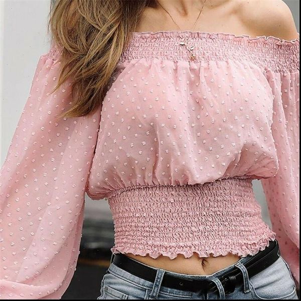 

summer off shoulder womens blouses and casual puff sleeve elegant bandage top, White