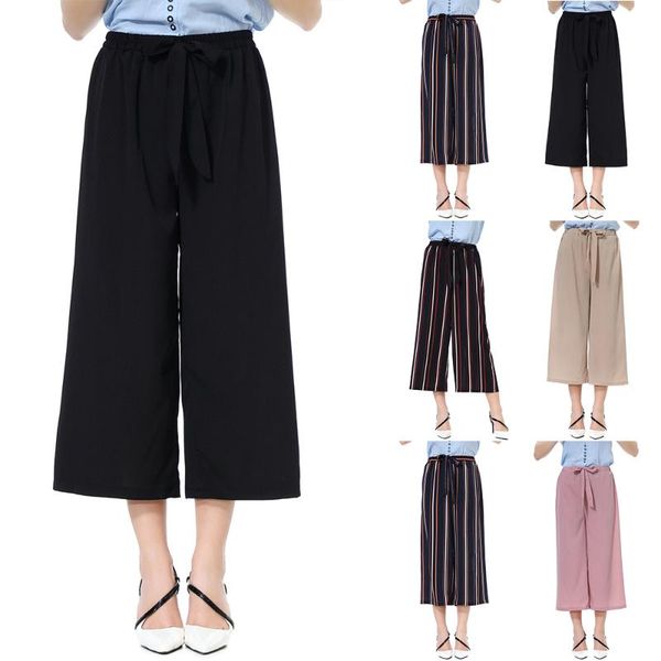 

women's pants & capris womens striped waist adjustable basic casual wear loose cropped wide leg trouser solid color bottom, Black;white