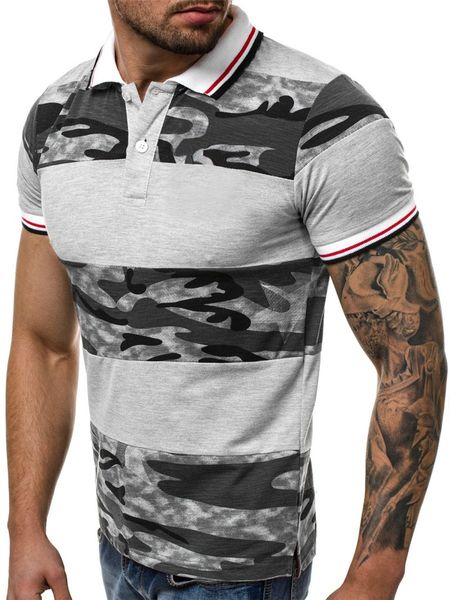 

lapel neck short sleeve clothes mens fashion camouflage patchwork natural color polos casual, White;black