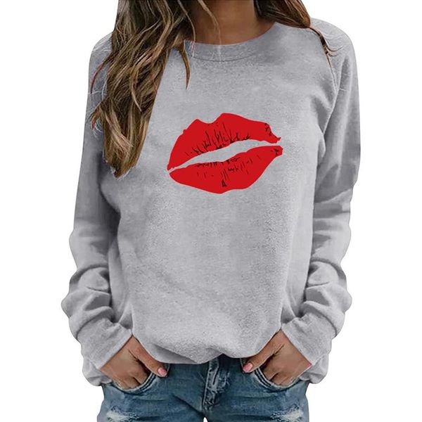 

women's hoodies & sweatshirts red lips printing casual solid round neck plus size hooded printed pullover sweatshirt woman clothes, Black